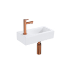 QeramiQ Fuente Fonteinset - 37.5x18.5x9cm - keramiek - kraangat links - fonteinkraan geborsteld koper - afvoerplug - verlaagd sifon - Mat wit SW1232770