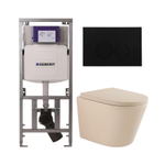 QeramiQ Dely Toiletset - 36.3x51.7cm - diepspoel - rimless - Geberit UP320 inbouwreservoir - softclose toilet zitting 35 mm - kunststof mat zwarte bedieningsplaat - ronde knoppen - mat beige SW1236517