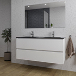 Adema Chaci Badkamermeubelset - 120x46x57cm - 2 keramische wasbakken zwart - 2 kraangaten - 2 lades - rechthoekige spiegel - mat wit SW816580