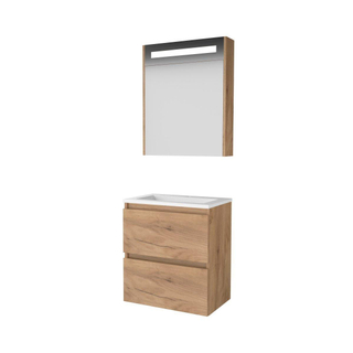 Basic-Line Premium 39 badkamermeubelset - 60x39cm - greeploos - 2 lades - acryl wastafel - 1 kraangat - Spiegelkast - geintegreerde LED verlichting - MFC Whisky Oak