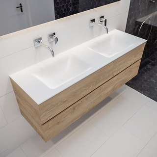 MONDIAZ VICA Badkamermeubelset - 150cm - 2 lades - wasbak Cloud dubbel - 0 kraangaten - solid surface washed oak