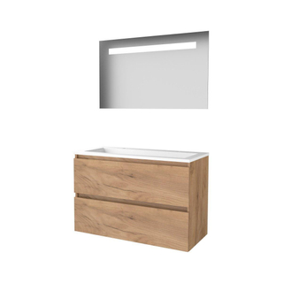 Basic-Line Economic 46 badkamermeubelset - 100x46cm - greeploos - 2 lades - acryl wastafel - 2 kraangaten - Spiegel - geintegreerde LED verlichting - MFC Whisky Oak