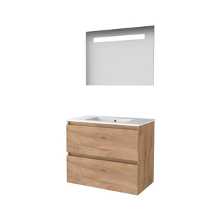 Basic-Line Economic 46 badkamermeubelset - 80x46cm - greeploos - 2 lades - porseleinen wastafel - 1 kraangat - Spiegel - geintegreerde LED verlichting - MFC Whisky Oak