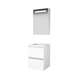 Basic-Line Premium 46 badkamermeubelset - 50x46cm - greeploos - 2 lades - acryl wastafel - 1 kraangat - Spiegelkast - geintegreerde LED verlichting - MDF lak Ice White