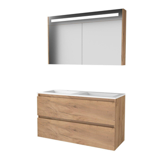 Basic-Line Premium 46 badkamermeubelset - 120x46cm - greeploos - 2 lades - acryl wastafel - 2 kraangaten - Spiegelkast - geintegreerde LED verlichting - MFC Whisky Oak