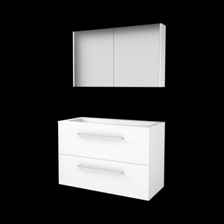 Basic-Line Comfort 46 badkamermeubelset - 100x46cm - met grepen - 2 lades - acryl wastafel - 1 kraangat - Spiegelkast - MDF lak Ice White