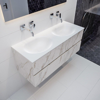 MONDIAZ VICA Badkamermeubelset - 120cm - 4 lades - wasbak Moon dubbel - 0 kraangaten - solid surface carrara marmer