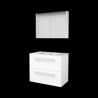 Basic-Line Comfort 46 badkamermeubelset - 80x46cm - met grepen - 2 lades - porseleinen wastafel - 1 kraangat - Spiegelkast - MDF lak Ice White