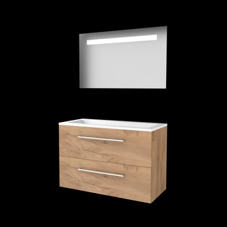 Basic-Line Economic 46 badkamermeubelset - 100x46cm - met grepen - 2 lades - acryl wastafel - 2 kraangaten - Spiegel - geintegreerde LED verlichting - MFC Whisky Oak