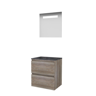 Basic-Line Economic 46 badkamermeubelset - 60x46cm - greeploos - 2 lades - hardsteen wastafel - 1 kraangat - Spiegel - geintegreerde LED verlichting - MFC Scotch Oak