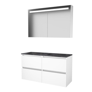 Basic-Line Premium 46 badkamermeubelset - 120x46cm - greeploos - 4 lades - hardsteen wastafel - 0 kraangaten - Spiegelkast - geintegreerde LED verlichting - MDF lak Ice White