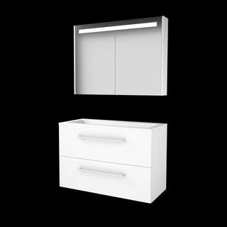 Basic-Line Premium 46 badkamermeubelset - 100x46cm - met grepen - 2 lades - acryl wastafel - 2 kraangaten - Spiegelkast - geintegreerde LED verlichting - MDF lak Ice White