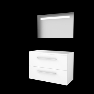 Basic-Line Economic 46 badkamermeubelset - 100x46cm - met grepen - 2 lades - wastafelblad - Spiegel - geintegreerde LED verlichting - MDF lak Ice White