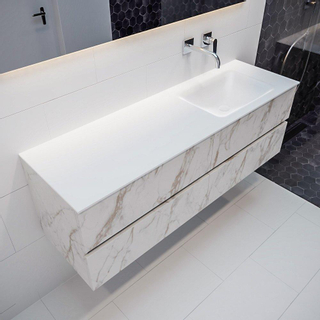 MONDIAZ VICA Badkamermeubelset - 150cm - 4 lades - wasbak Cloud rechts - 0 kraangaten - solid surface carrara marmer