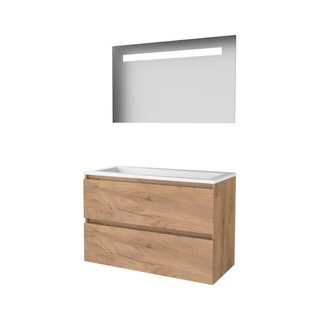 Basic-Line Economic 46 badkamermeubelset - 100x46cm - greeploos - 2 lades - acryl wastafel - 0 kraangaten - Spiegel - geintegreerde LED verlichting - MFC Whisky Oak