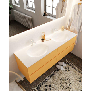 MONDIAZ VICA Badkamermeubelset - 150cm - 4 lades - wasbak Moon dubbel - 2 kraangaten - solid surface ocher