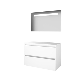 Basic-Line Economic 46 badkamermeubelset - 100x46cm - greeploos - 2 lades - wastafelblad - Spiegel - geintegreerde LED verlichting - MDF lak Ice White