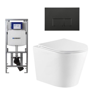 QeramiQ Dely toiletset met diepspoel rimless toilet 36.3x51.7 met Geberit UP320 inbouwreservoir softclose zitting mat wit en mat zwarte bedieningsplaat met rechthoekige knoppen ABS