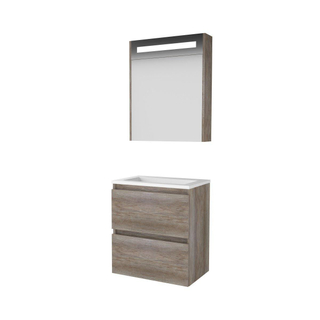 Basic-Line Premium 39 badkamermeubelset - 60x39cm - greeploos - 2 lades - acryl wastafel - 0 kraangaten - Spiegelkast - geintegreerde LED verlichting - MFC Scotch Oak