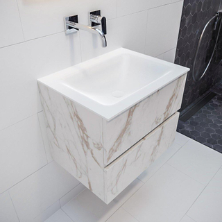 MONDIAZ VICA Badkamermeubelset - 60cm - 2 lades - wasbak Cloud midden - 0 kraangaten - solid surface carrara marmer