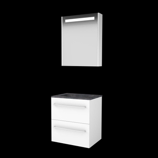 Basic-Line Premium 46 badkamermeubelset - 60x46cm - met grepen - 2 lades - hardsteen wastafel - 0 kraangaten - Spiegelkast - geintegreerde LED verlichting - MDF lak Ice White