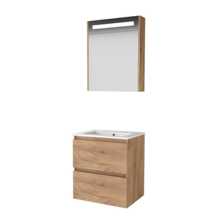 Basic-Line Premium 46 badkamermeubelset - 60x46cm - greeploos - 2 lades - porseleinen wastafel - 1 kraangat - Spiegelkast - geintegreerde LED verlichting - MFC Whisky Oak