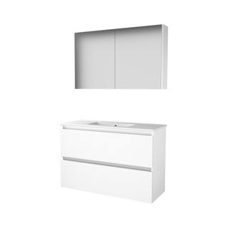 Basic-Line Comfort 39 badkamermeubelset - 100x39cm - greeploos - 2 lades - porseleinen wastafel - 1 kraangat - Spiegelkast - MDF lak Ice White