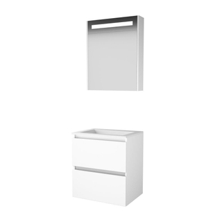 Basic-Line Premium 46 badkamermeubelset - 60x46cm - greeploos - 2 lades - acryl wastafel - 0 kraangaten - Spiegelkast - geintegreerde LED verlichting - MDF lak Ice White