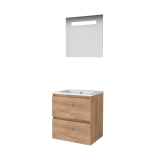 Basic-Line Economic 46 badkamermeubelset - 60x46cm - greeploos - 2 lades - porseleinen wastafel - 1 kraangat - Spiegel - geintegreerde LED verlichting - MFC Whisky Oak