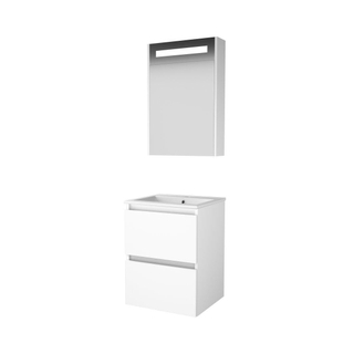 Basic-Line Premium 46 badkamermeubelset - 50x46cm - greeploos - 2 lades - porseleinen wastafel - 1 kraangat - Spiegelkast - geintegreerde LED verlichting - MDF lak Ice White