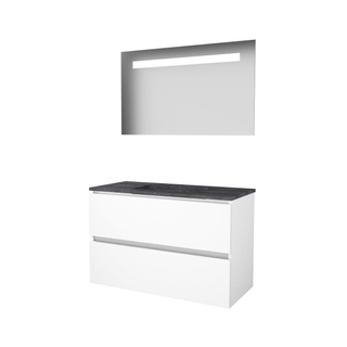 Basic-Line Economic 46 badkamermeubelset - 100x46cm - greeploos - 2 lades - hardsteen wastafel - 1 kraangat - Spiegel - geintegreerde LED verlichting - MDF lak Ice White