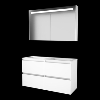 Basic-Line Premium 46 badkamermeubelset - 120x46cm - greeploos - 4 lades - acryl wastafel - 0 kraangaten - Spiegelkast - geintegreerde LED verlichting - MDF lak Ice White