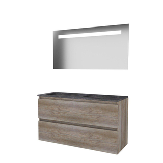 Basic-Line Economic 46 badkamermeubelset - 120x46cm - greeploos - 2 lades - hardsteen wastafel - 2 kraangaten - Spiegel - geintegreerde LED verlichting - MFC Scotch Oak