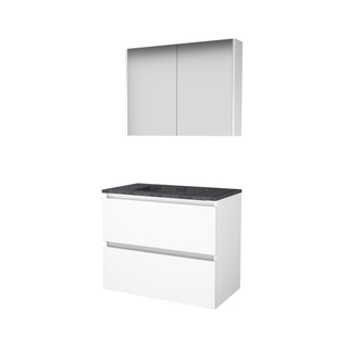 Basic-Line Comfort 46 badkamermeubelset - 80x46cm - greeploos - 2 lades - hardsteen wastafel - 0 kraangaten - Spiegelkast - MDF lak Ice White