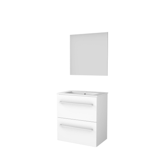 Basic-Line Ultimate 39 badkamermeubelset - 60x39cm - met grepen - 2 lades - porseleinen wastafel - 1 kraangat - Spiegel - verlichting MDF lak Ice White