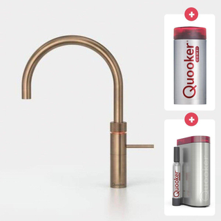 Quooker NL Fusion round kokendwaterkraan opbouw uitloop draaibaar met Combi reservoir & Cube reservoir Messing Patina