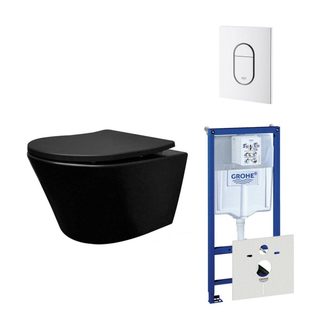 Wiesbaden Vesta toiletset spoelrandloos 52cm mat zwart Grohe inbouwreservoir softclose en quickrelease toiletzitting met bedieningsplaat wit