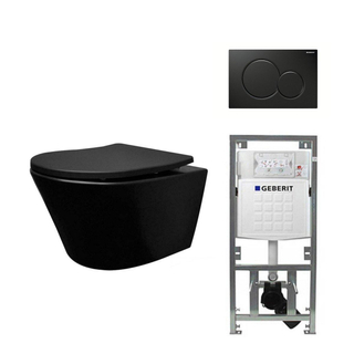 Wiesbaden Vesta toiletset Rimless 52cm mat zwart Geberit inbouwreservoir softclose en quickrelease toiletzitting met bedieningsplaat glans zwart