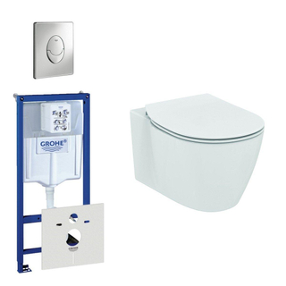 Ideal Standard Connect toiletset bestaande uit inbouwreservoir, toiletpot, toiletzitting en bedieningsplaat chroom