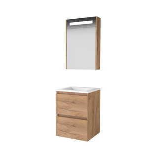 Basic-Line Premium 46 badkamermeubelset - 50x46cm - greeploos - 2 lades - acryl wastafel - 0 kraangaten - Spiegelkast - geintegreerde LED verlichting - MFC Whisky Oak