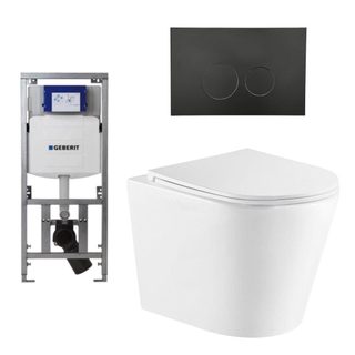 QeramiQ Dely toiletset met diepspoel rimless toilet 36.3x51.7cm met Geberit UP320 inbouwreservoir softclose zitting mat wit en mat zwarte bedieningsplaat met ronde knoppen