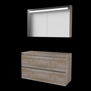 Basic-Line Premium 46 badkamermeubelset - 120x46cm - greeploos - 2 lades - wastafelblad - Spiegelkast - geintegreerde LED verlichting - MFC Scotch Oak