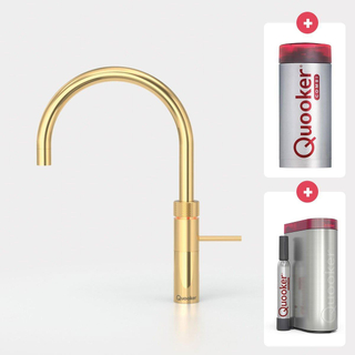 Quooker NL Fusion round kokendwaterkraan opbouw uitloop draaibaar met Combi reservoir & Cube reservoir verguld