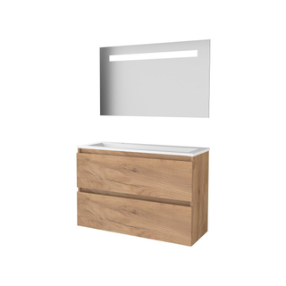 Basic-Line Economic 39 badkamermeubelset - 100x39cm - greeploos - 2 lades - acryl wastafel - 2 kraangaten - Spiegel - geintegreerde LED verlichting - MFC Whisky Oak