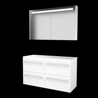 Basic-Line Premium 46 badkamermeubelset - 120x46cm - met grepen - 4 lades - wastafelblad - Spiegelkast - geintegreerde LED verlichting - MDF lak Ice White