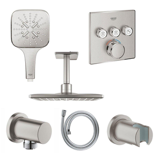 GROHE Rainshower Smartactive Regendoucheset Opbouw -hoofddouche vierkant 31cm - handdouche vierkant - plafondarm - inbouwbox - geborsteld supersteel