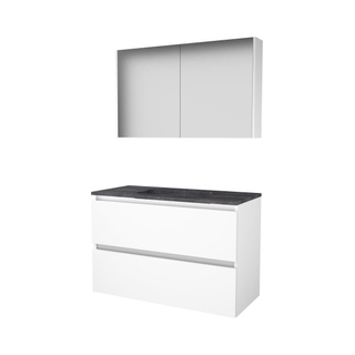 Basic-Line Comfort 46 badkamermeubelset - 100x46cm - greeploos - 2 lades - hardsteen wastafel - 1 kraangat - Spiegelkast - MDF lak Ice White