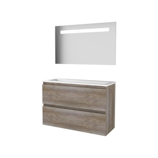 Basic-Line Economic 39 badkamermeubelset - 100x39cm - greeploos - 2 lades - acryl wastafel - 2 kraangaten - Spiegel - geintegreerde LED verlichting - MFC Scotch Oak