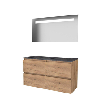 Basic-Line Economic 46 badkamermeubelset - 120x46cm - greeploos - 4 lades - hardsteen wastafel - 2 kraangaten - Spiegel - geintegreerde LED verlichting - MFC Whisky Oak