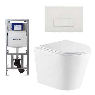 QeramiQ Dely toiletset met diepspoel rimless toilet 36.3x51.7cm met Geberit UP320 inbouwreservoir softclose zitting mat wit en mat witte bedieningsplaat met rechthoekige knoppen